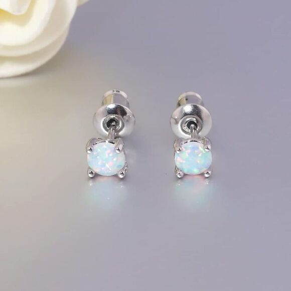 14K White Gold with Genuine White Fire Opal Huggie and Stud Earrings Set of 2 - Picture 4 of 5